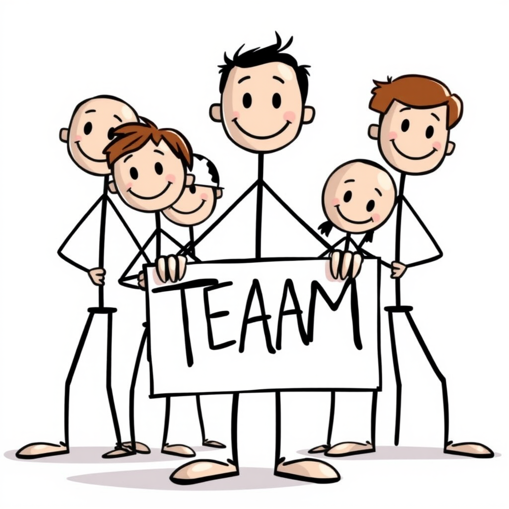 create a cartoon-style illustration of five stick figures, one in front holding a sign that says "TEAM", with a cheerful expression, using a DSLR camera with f/2.8 aperture, 50mm lens, natural light, high contrast, and a slight vignette effect for emphasis.