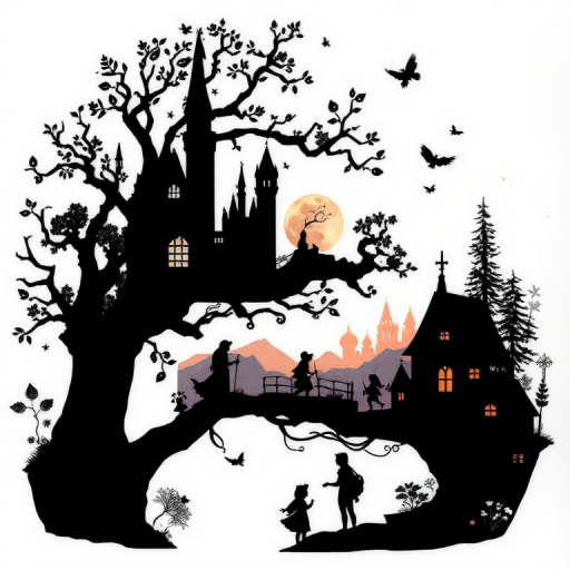 Enchanting "Fairy Tale Silhouette" tattoo design featuring intricate scenes from beloved stories rendered entirely in solid black, with delicate cutout details revealing glimpses of colorful, fantastical landscapes beneath, creating a captivating interplay between light and shadow that brings childhood memories to life in a sophisticated, artistic form