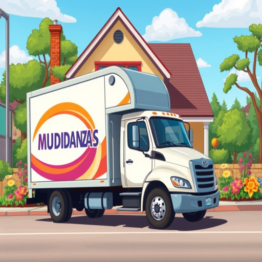 Create a vibrant cartoon-style illustration of a moving truck with the word "MUDANZAS" on its side, parked on a sunny street in front of a charming house surrounded by colorful flowers and lush trees, using a DSLR camera with a wide-angle lens at f/8, ISO 100, and a resolution of 300 DPI for enhanced image quality.