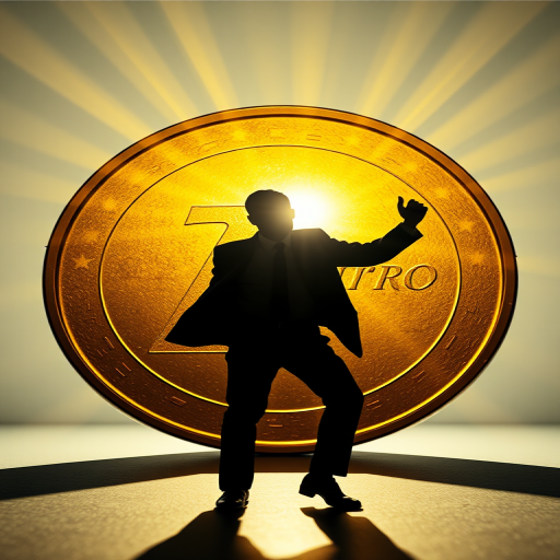 Create an image of a silhouetted businessman dancing in front of a large gold euro coin with rays of light radiating from behind, using a DSLR camera with a 50mm lens, aperture set to f/1.8, ISO 100, and soft-focus background.