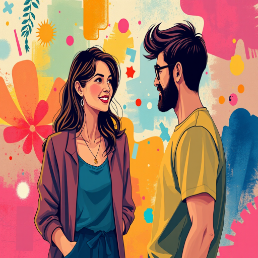 Create an illustration of a woman and a man engaged in a creative conversation, with vibrant abstract colors and shapes in the background, captured with a Canon EOS R5, 50mm lens, f/1.8 aperture, ISO 100, soft focus style.
