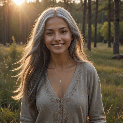ultrarealistic, beautiful caucasian woman, Indian pirouette on her head, gray hair, long straight hair, the sun gently illuminates her hair. Ultrarealistic skin, stands in the meadow, 1 girl, age - about 25 years old, swarthy complexion, ultrarealistic skin, smiles gently, stands near the campfire. She looks sexy