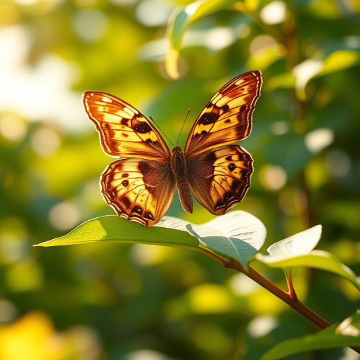 Generate an image of a butterfly perched on a green leaf, with a soft, blurred background. The butterfly should have intricate patterns on its wings, showcasing a mix of earthy tones and vibrant spots. The overall setting should evoke a sense of calm and natural beauty, with warm sunlight filtering through the leaves.