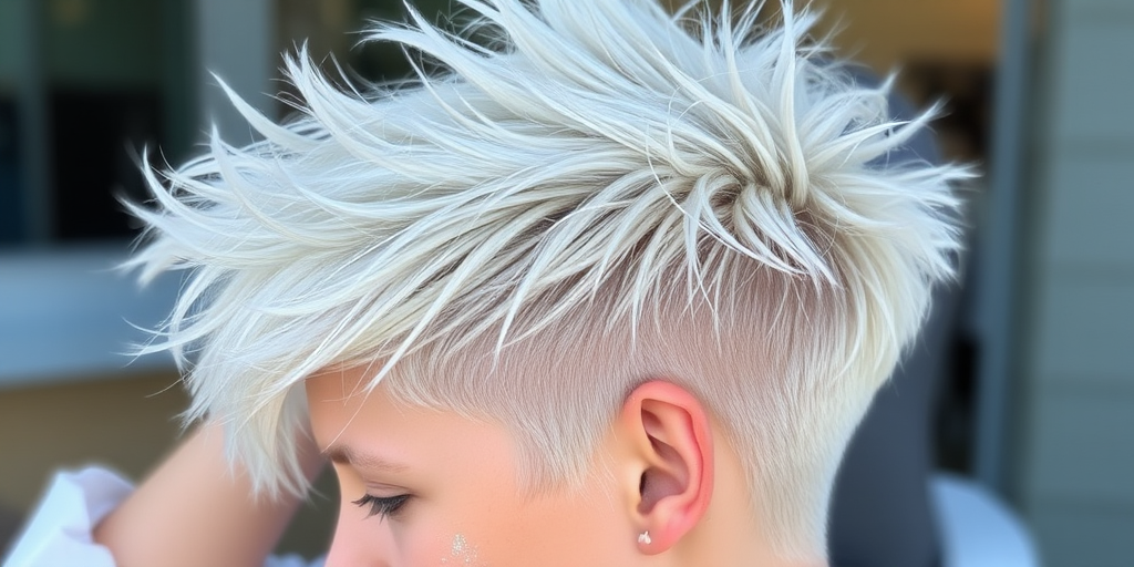 Icy blonde pixie cut with platinum highlights and a textured, spiky crown, accented by a dusting of iridescent glitter for a magical "Frost Sprite" look