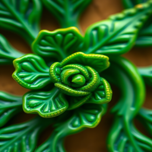 Create a high-resolution image of a decorative green swirl and leaf design with intricate details, captured with a Canon EOS R5, 50mm f/1.2 lens, at f/2.8, ISO 100, 1/200 sec, using a macro photography style and a top-down perspective to enhance vibrancy and depth.