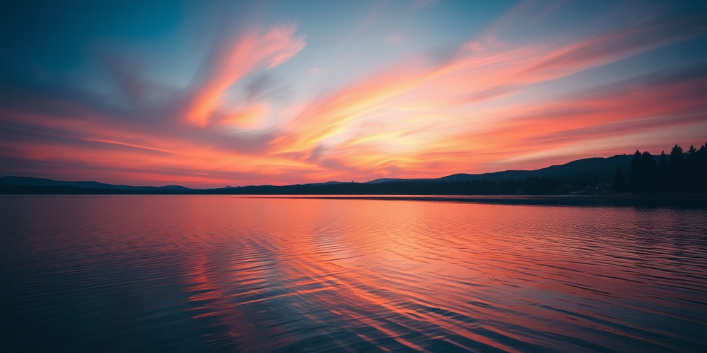 Create a high-resolution image of a serene sunset over a tranquil lake with vibrant orange and pink hues in the sky, shot at 50mm focal length, f/8 aperture, ISO 100, using a DSLR camera with a wide-angle lens for an immersive view.