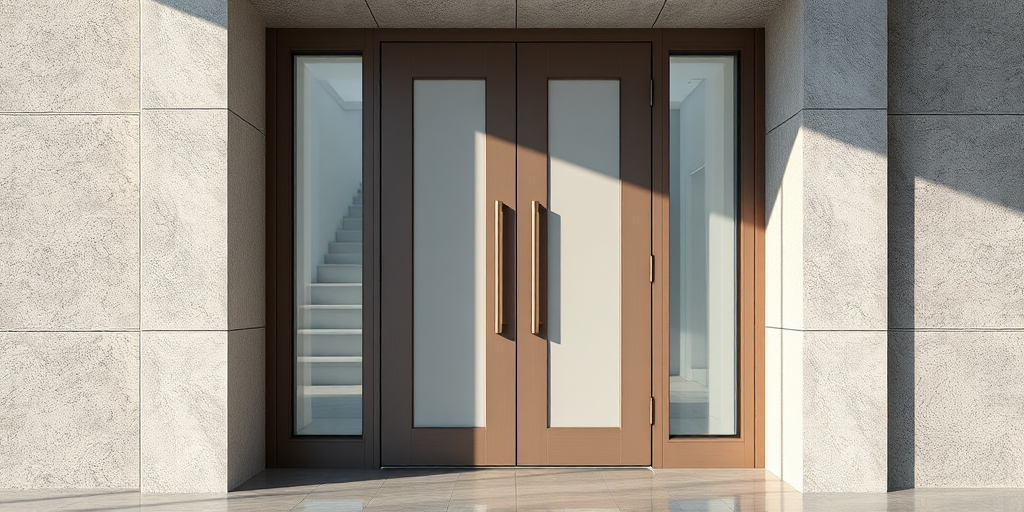 Create an image of a modern door with four glass panels, shot from a straight-on perspective using a DSLR camera at f/8 aperture, ISO 100, 1/200 sec shutter speed, in high-definition, with natural lighting to enhance details and textures.