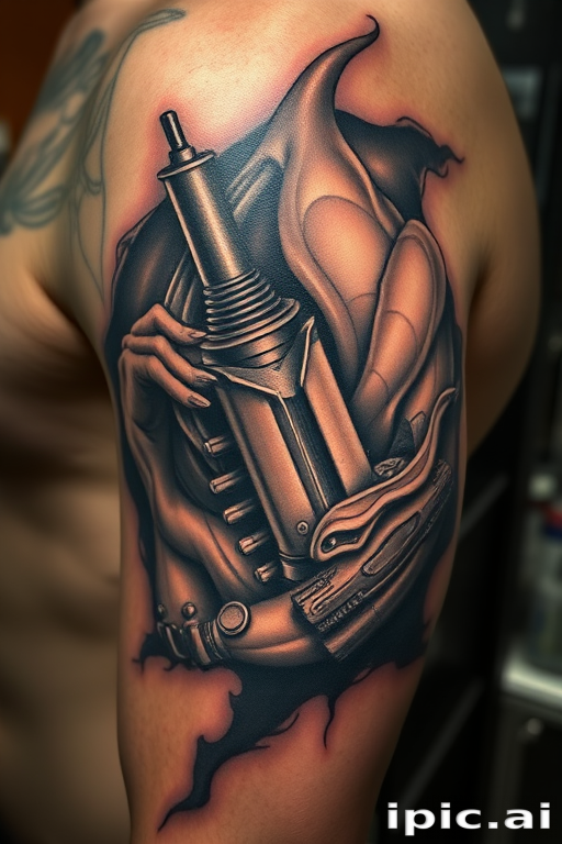 Hyper-realistic 3D tattoo called "Dimensional Deception" creating the illusion of objects emerging from or receding into the skin with masterful shading and perspective techniques