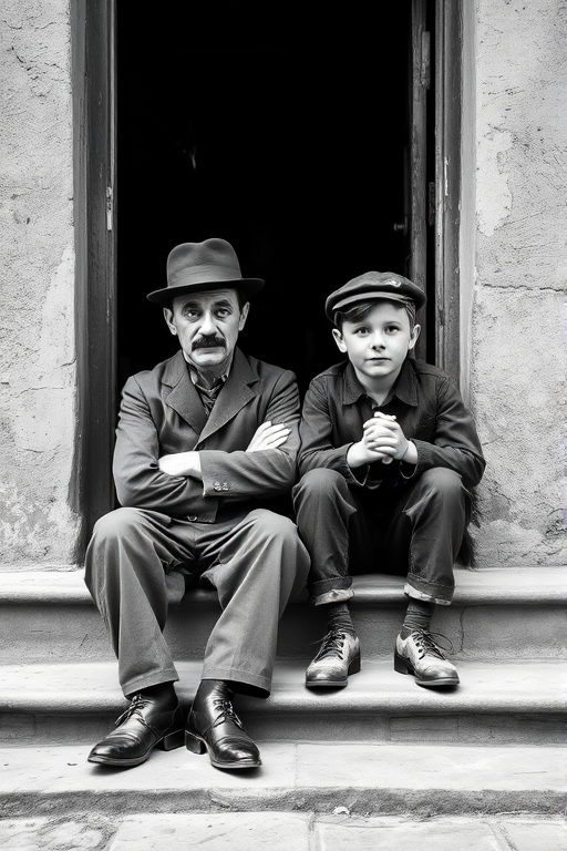 A black-and-white photograph of a man and a child sitting on steps in front of a doorway. The man is dressed as a tramp with a bowler hat, mustache, and ragged clothes, reminiscent of Charlie Chaplin's iconic look. He is sitting with his arms crossed and an expression of slight sadness or frustration. Next to him is a young boy, also in worn clothes and a cap, sitting with his hands clasped, looking thoughtful. The background is an old, textured wall and a partially open door, creating a vintage, early 20th-century atmosphere.