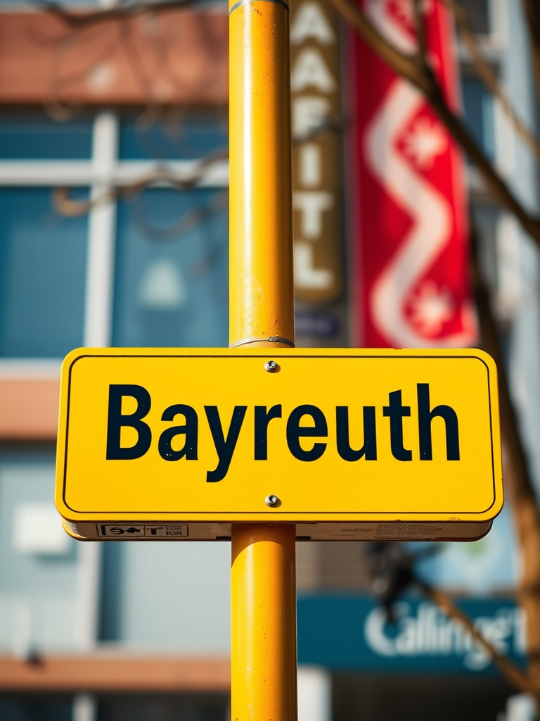 Create a vibrant image of a yellow sign with the text "Bayreuth" in bold black letters, using a DSLR camera, aperture f/2.8, ISO 100, focal length 50mm, taken from a straight-on perspective for maximum clarity.