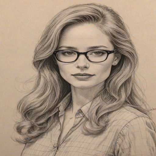 Dazzling Jaime Ray Newman, pencil sketch, portrait of Appealing woman 1980s in glasses, hair style beatnik, outline, clear lines, fine lines, 8k