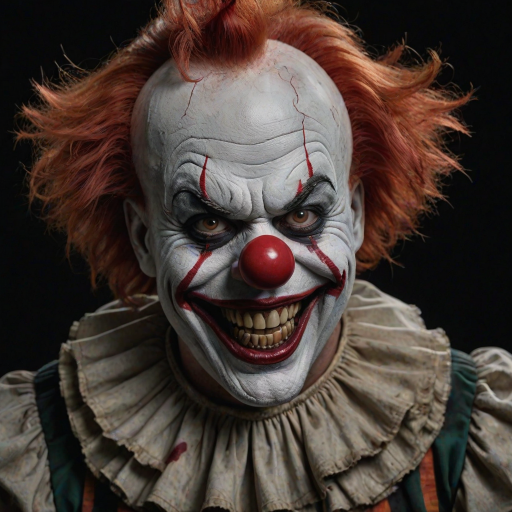 Create a hyper-realistic, dark, and eerie clown with a sinister smile, set against a black background. The clown should have exaggerated makeup with sharp, contrasting colors to enhance its menacing appearance. The overall atmosphere should be unsettling and intense, capturing a sense of horror and suspense
