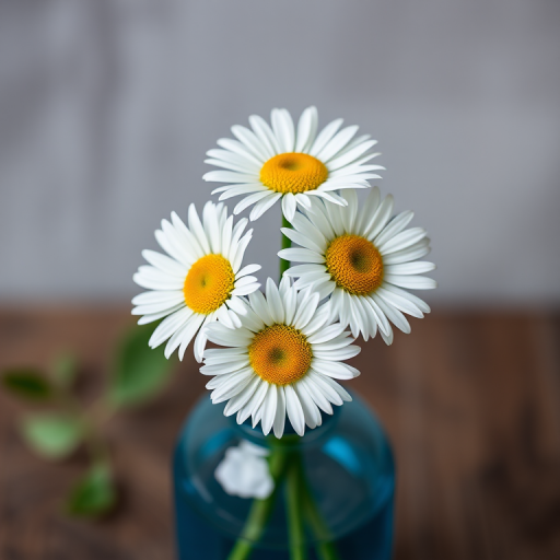 Create a high-resolution image of three daisies in a clear blue vase with sharp detail, using a Canon EOS R5 camera, f/2.8 aperture, ISO 100, 50mm lens, and a shallow depth of field.