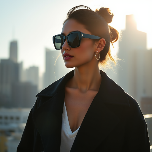 Cityscape backdrop, fashionable attractive model , wearing black shades, oversized coat, minimalist accessories, urban chic vibe, Shoot against a strong backlight using a 50mm f/1.2 lens to create a soft, silhouetted profile, highlighting the flow and transparency of the fabric