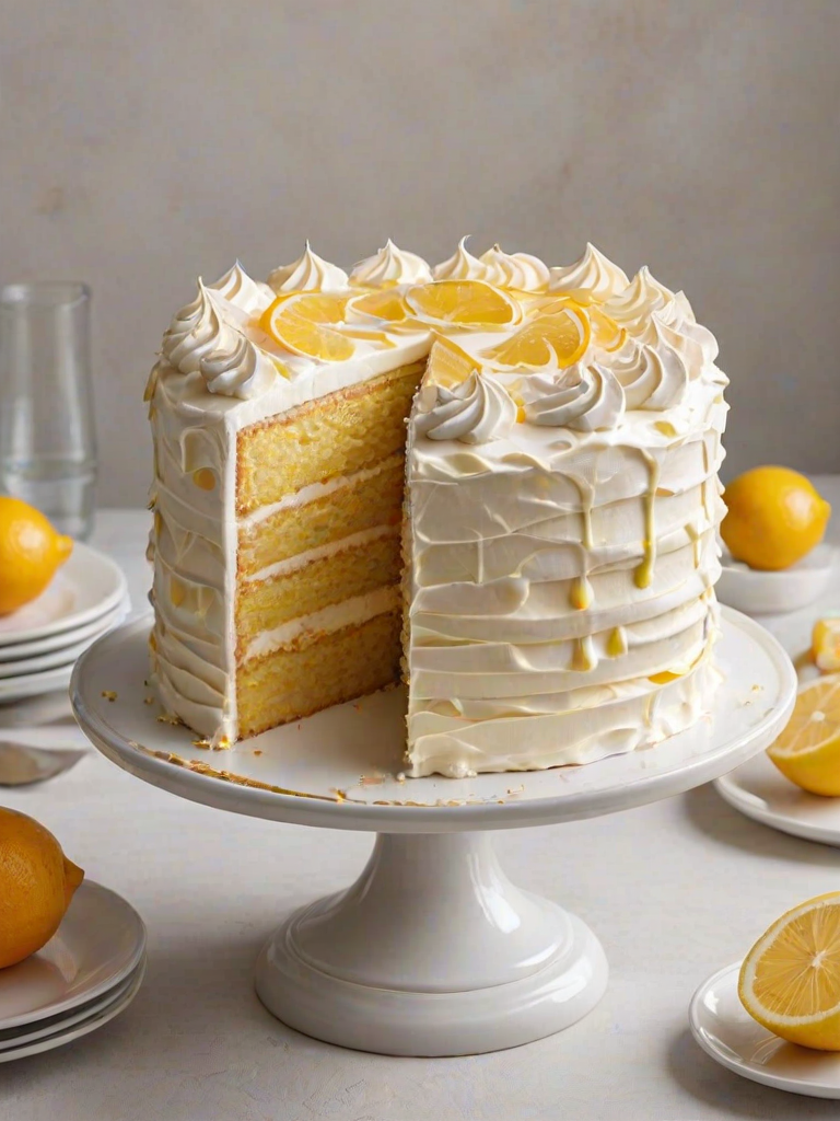 Create an image of a layered cake with a smooth lemon topping. The cake should have thin layers, be beautifully decorated with swirls of meringue on top, and feature slices of orange for garnish. Show a piece of the cake cut out to reveal the layers inside. Use a light, neutral background to emphasize the cake's colors and textures.