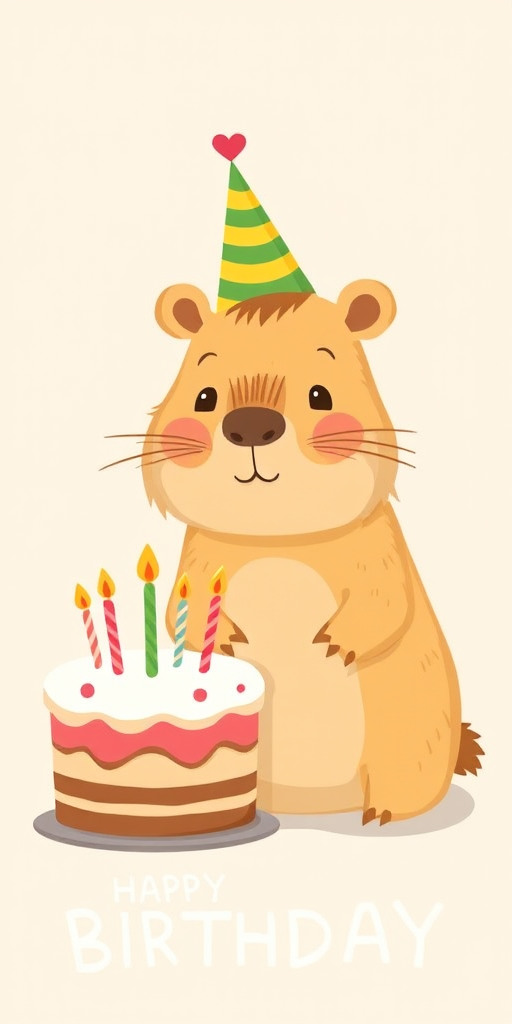 Cute cartoon capybara wearing a party hat sitting next to a birthday cake with candles and a heart symbol, pastel background with text that says CAPPY BIRTHDAY.