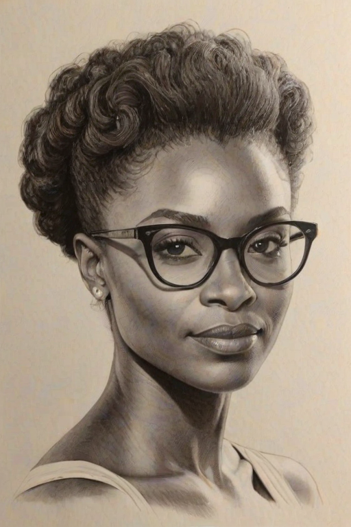 Alluring Adina Porter, pencil sketch, portrait of Pleasing woman 1944s in glasses, hair style beatnik, outline, clear lines, fine lines, 8k