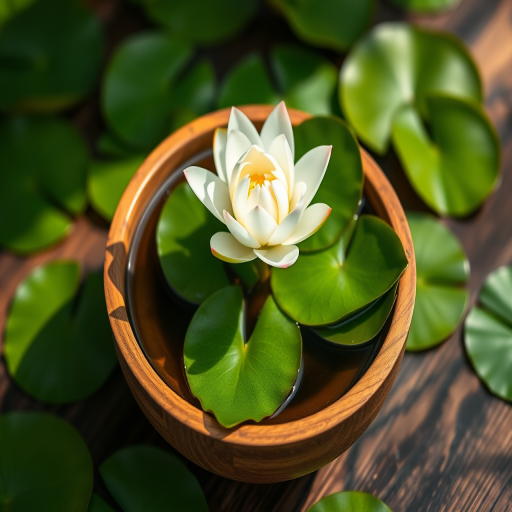 Create a serene image of a wooden bowl filled with water and a blooming white lotus flower surrounded by green lily pads, use a 50mm lens with an aperture of f/2.8 for a shallow depth of field, capture from a top-down angle with soft natural lighting, in a high-resolution digital format.