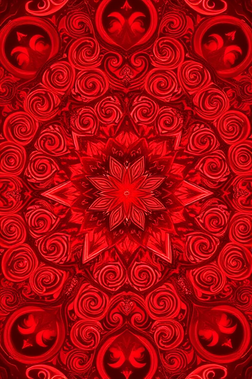 Create a highly detailed, vibrant circular pattern with intricate swirling designs in various shades of red, photographed with a DSLR camera, 50mm lens, f/1.8 aperture, ISO 100, and soft focus background to enhance image quality.