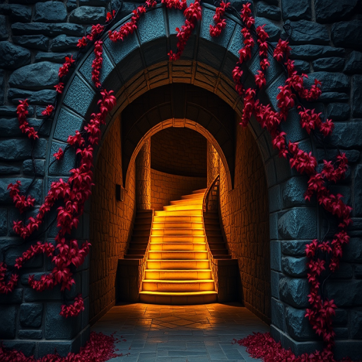 Create an image of a dark stone archway adorned with twisting, fiery red vines, leading to a glowing staircase illuminated by ethereal light, captured with a Canon EOS R5 at f/2.8, ISO 100, 24mm lens, in soft focus style with dramatic lighting for enhanced depth and atmosphere.
