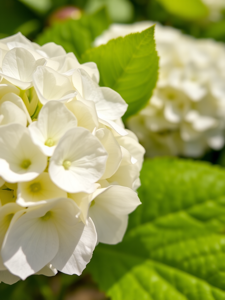 Close-up of a white hydrangea flower with vibrant green leaves in the background, captured in natural light, aperture f/2.8, ISO 100, shutter speed 1/200s, using a DSLR camera with a macro lens at eye level for enhanced detail and clarity.