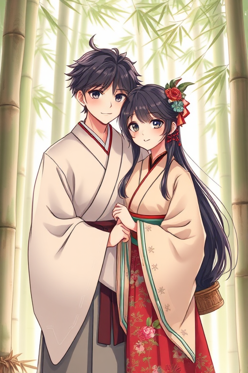 Regenerate a detailed illustration of two characters in traditional clothing standing close together with a natural background of bamboo, using a Canon EOS R5 camera at f/2.8 aperture, 50mm lens, and a soft focus style for a dreamy effect.