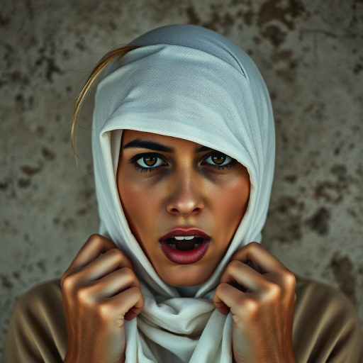 Create a close-up photographic image of a Arab woman with light skin tones shown against an old, worn wall. Their head is wrapped in a white cloth covering (i.e.... parts of the head except the nose and mouth, which are open as if they are screaming...), with a slight texture and visible folds in the fabric. Thin strands of blonde hair escape from the wrapping above, falling lightly at the top and sides. Their hands hold the fabric as if they are tugging nervously. The lighting is dramatic and even, casting strong shadows. The image has a minimalist and surreal style with an emphasis on simplicity with soft color tones. The composition is centered.