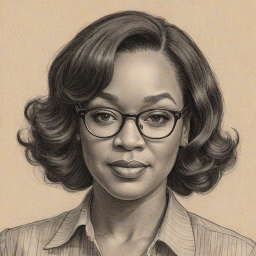 Lovely Shonda Rhimes, pencil sketch, portrait of Appealing woman 1936s in glasses, hair style beatnik, outline, clear lines, fine lines, 8k