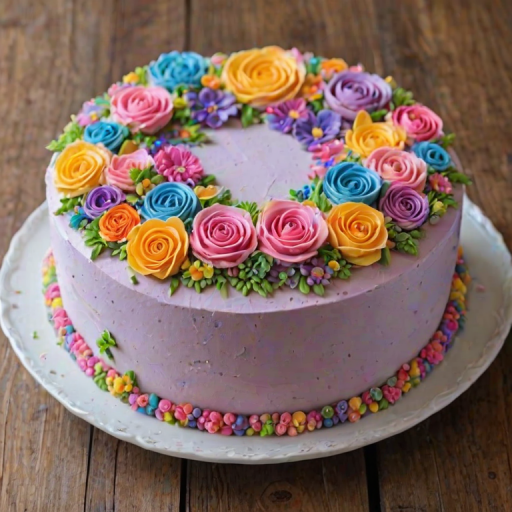 Create an image of a round cake beautifully decorated with an array of colorful buttercream flowers. The cake should have a variety of flowers including roses, daisies, and small blossoms in shades of pink, yellow, blue, and purple, creating a vibrant and lush floral appearance. The cake should be presented on a white decorative plate against a rustic wooden background.