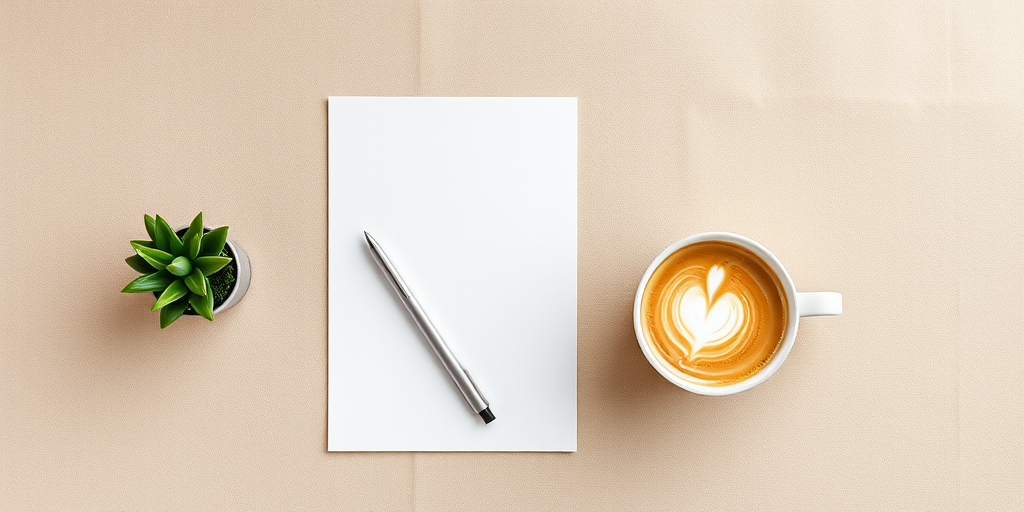 A clean workspace scene featuring a blank sheet of paper, a silver pen, a small green plant, and a cup of latte art on a textured beige background, shot with a Canon EOS R5 at f/2.8, ISO 100, 50mm lens, natural light, top-down view, soft focus style.
