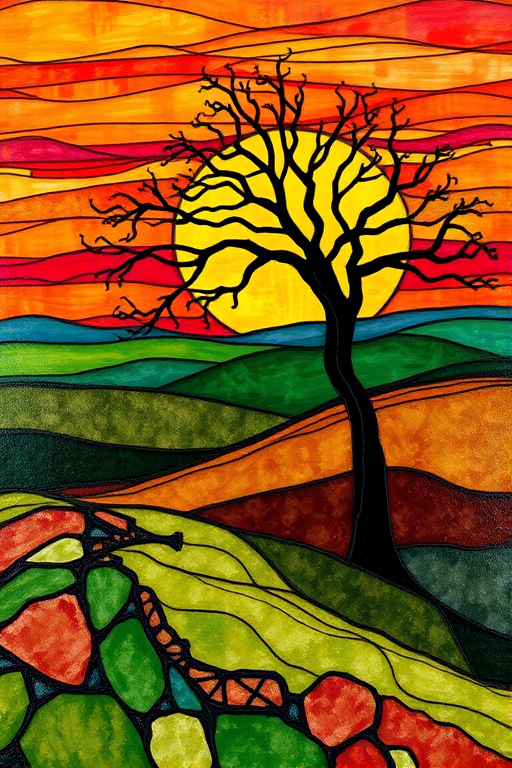 A vibrant abstract painting on Tiffany Glass, blending acrylic and alcohol ink techniques, captures a dramatic sunset over rolling hills. The artwork features a textured, rocky foreground in green and brown, layered abstract hills, and a striking sunset in rich oranges, yellows, and reds. A solitary black tree with intricate branches contrasts against the fiery sky, creating a dynamic and expressive portrayal of a breathtaking natural scene.