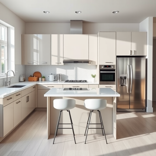 capture a modern kitchen interior with sleek cabinets, stainless steel appliances, and a minimalist island featuring two stools, soft natural lighting, focus on the countertop details, 24mm lens, f/8 aperture, ISO 200, 1/60 sec shutter speed, use a wide-angle perspective for depth