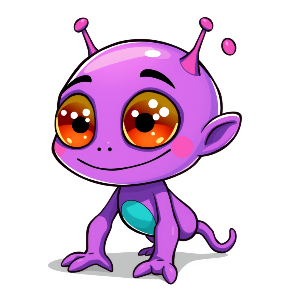Create an illustration of a purple alien character with large eyes, a quirky smile, and cartoonish limbs, in a bright and colorful style with a white background, using a digital drawing tablet with a resolution of 300 DPI, focused on vibrant colors and clean outlines, captured at a high-angle view with soft lighting.