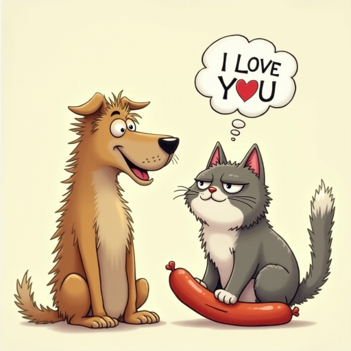 caricature of a silly whimsical fluffy cat with a mean look she has one foot on a sausage and is looking at an old scraggly big dog the cat has a thought bubble above her head that says “I LOVE YOU"
