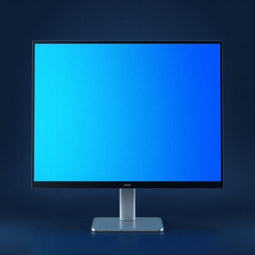 Create a high-resolution digital illustration of a modern computer monitor with a sleek design, soft blue screen, subtle reflections, and a minimalist stand, captured in a front view using a DSLR camera at f/5.6 aperture, ISO 100, and a focal length of 50mm, with studio lighting to enhance the colors and details.