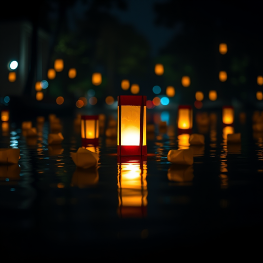 Create a serene night scene of lanterns floating on water with a central lantern glowing warmly, captured with a DSLR camera at f/2.8 aperture, ISO 100, 50mm lens, in a low-angle view to accentuate the reflection on the water and a soft bokeh effect in the background.
