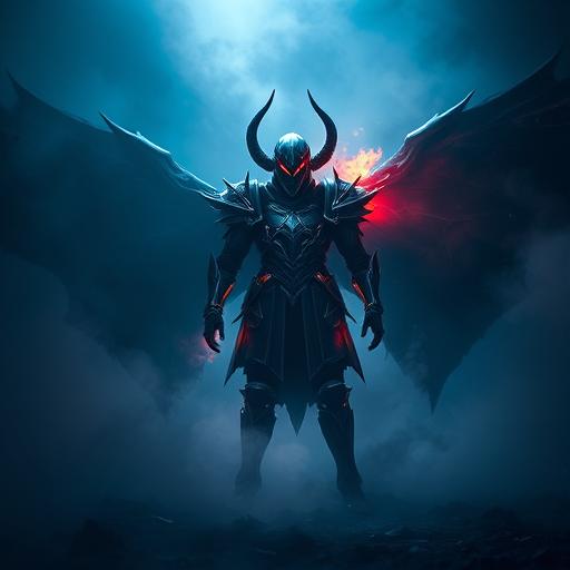 Create a dark fantasy scene featuring a menacing figure in armor with glowing elements, standing with outstretched wings, amidst a mystical fog, shot with a DSLR camera at f/1.8, ISO 200, 24mm, low-angle view, in dramatic lighting to emphasize shadows and colors.