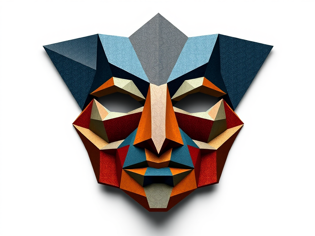 Create a high-resolution digital artwork of a geometric mask design resembling cubism using a DSLR camera at f/2.8 aperture, ISO 100, and a 50mm lens, capturing a slightly angled view with soft lighting for enhanced contrast and clarity.