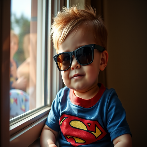 Capture a young child sitting in a window with a relaxed expression, wearing sunglasses and a Superman shirt, use a 50mm lens at f/1.8 for a shallow depth of field, shoot in natural light for a soft glow, set ISO to 100 for clarity, and use a DSLR camera to enhance image quality.