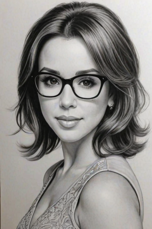 Stunning Lacey Chabert, pencil sketch, portrait of Enchanting woman 1960s in glasses, hair style beatnik, outline, clear lines, fine lines, 8k