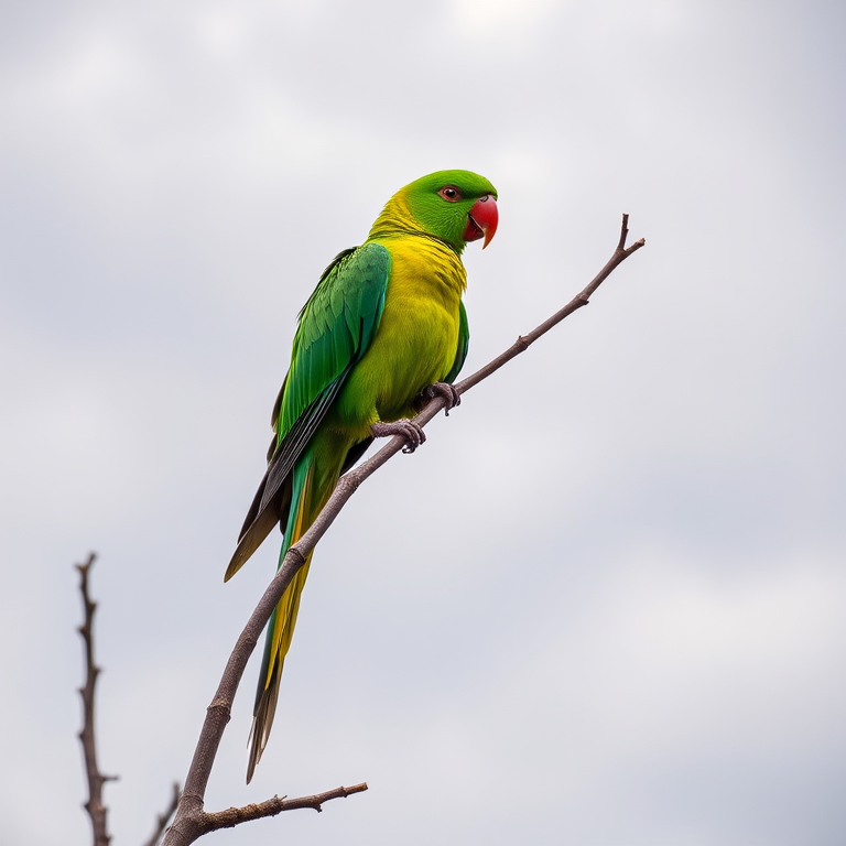 A vibrant green parrot perched on a bare branch against a cloudy sky, shot with a Canon EOS 5D Mark IV, 70mm lens, aperture f/4, ISO 200, 1/500 sec, natural light, focusing on the bird with a shallow depth of field for a blurred background.