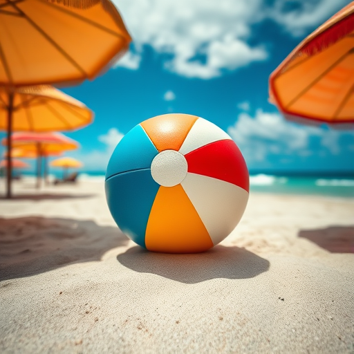 Create a vibrant beach scene featuring a colorful beach ball prominently in the center, captured with a wide-angle lens at f/2.8, ISO 100, and a shutter speed of 1/500 sec, using a DSLR camera to enhance clarity and detail.