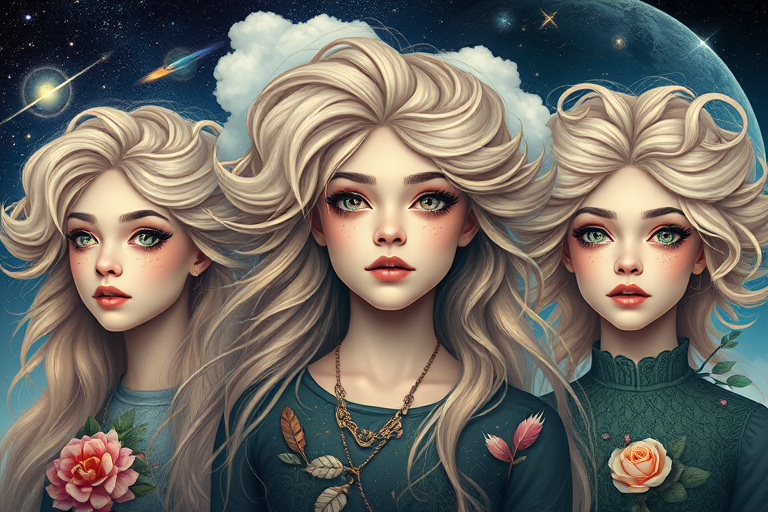 Create a series of imaginative portraits where each subject is infused with elements of fantasy and nature. The hair of the individuals should flow like clouds, varying from soft, fluffy cumulus to wispy cirrus strands, with hints of color reflecting a sunset or a clear blue sky. The eyes should be windows to entire galaxies, with stars, nebulae, and distant planets visible within them. Clothing should be adorned with nature motifs, such as floral patterns that bloom and change, vines that seem to grow and wrap around, or feathers that shimmer with iridescence. Each portrait should capture a unique personality, blending human features with the ethereal beauty of the natural and cosmic world. The backgrounds can vary, from starry night skies to enchanted forests, adding depth and context to the magical realism of the portraits