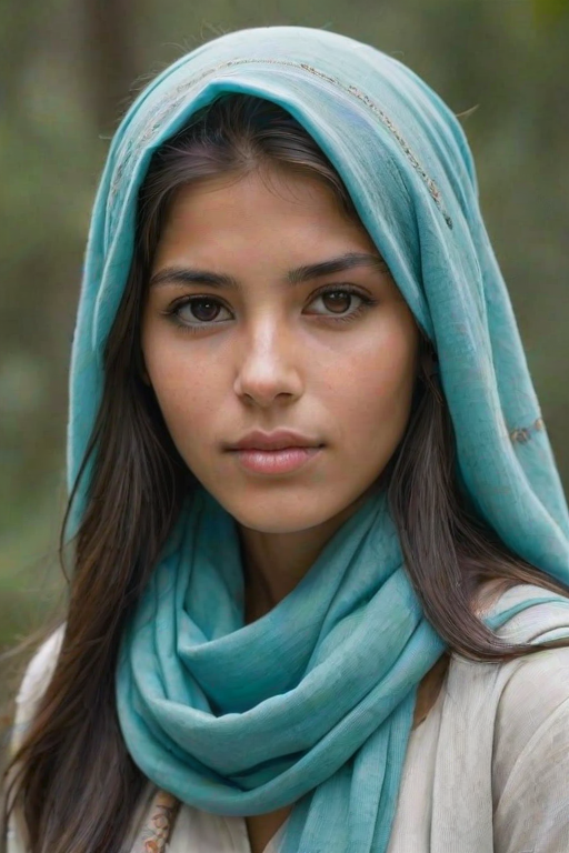 Create a portrait of a young Inca female with long, dark hair and captivating hazel eyes. She is wearing a cyan headscarf and a matching scarf draped gracefully around her neck. The background is softly blurred, focusing attention on her serene and natural expression. The overall color palette is muted and warm, enhancing the intimate and authentic feel of the portrait.