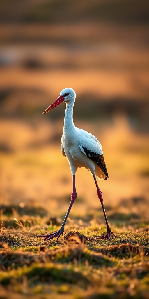 A white stork walking on grassy terrain during golden hour, captured with a DSLR camera using a 50mm lens, aperture f/4, ISO 200, shutter speed 1/500s, in shallow depth of field for enhanced detail and soft background blur.