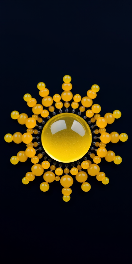 Create a high-resolution image of a circular yellow design with a central glossy sphere surrounded by small glossy beads arranged symmetrically, using a DSLR camera with a 50mm lens, aperture f/1.8, ISO 100, and a soft focus background.