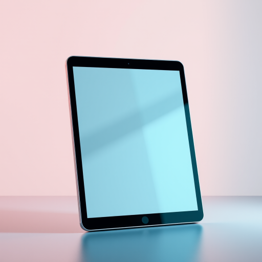 Create a high-resolution 3D render of an iPad positioned at a 45-degree angle, with dramatic lighting, using a Canon EOS 5D Mark IV camera, f/2.8 aperture, ISO 100, 24mm lens, and soft shadow effects for enhanced depth.
