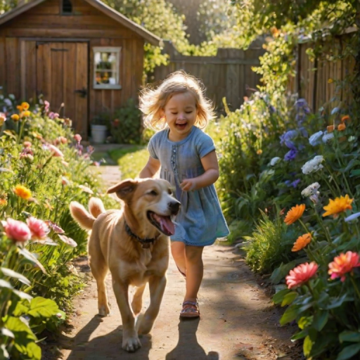 Low-resolution photo of a child playing with a dog in a sun-dappled garden, both mid-chase, joy visible on the child's face, a burst of laughter frozen in time, flowers blooming along the garden's edge, a small wooden shed in the background, warm sunlight casting long shadows.