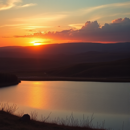 Generate a high-quality image of a serene landscape featuring a sunset over rolling hills, with soft, warm colors reflecting on a tranquil lake in the foreground, captured with a Canon EOS R5 at f/8, 1/200s, ISO 100, using a wide-angle lens (24mm) from a low angle to create depth and enhance the vibrant colors in the sky.