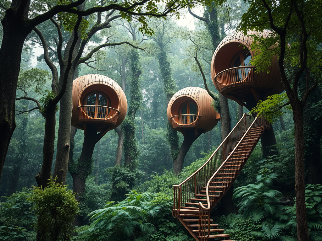 Create an image of futuristic treehouse structures with circular designs and wooden staircases nestled in a lush, dense forest, captured with a full-frame DSLR camera at f/2.8 aperture, ISO 200, and a 35mm lens, in soft natural light with a slightly elevated viewpoint to highlight the greenery surrounding the scene.